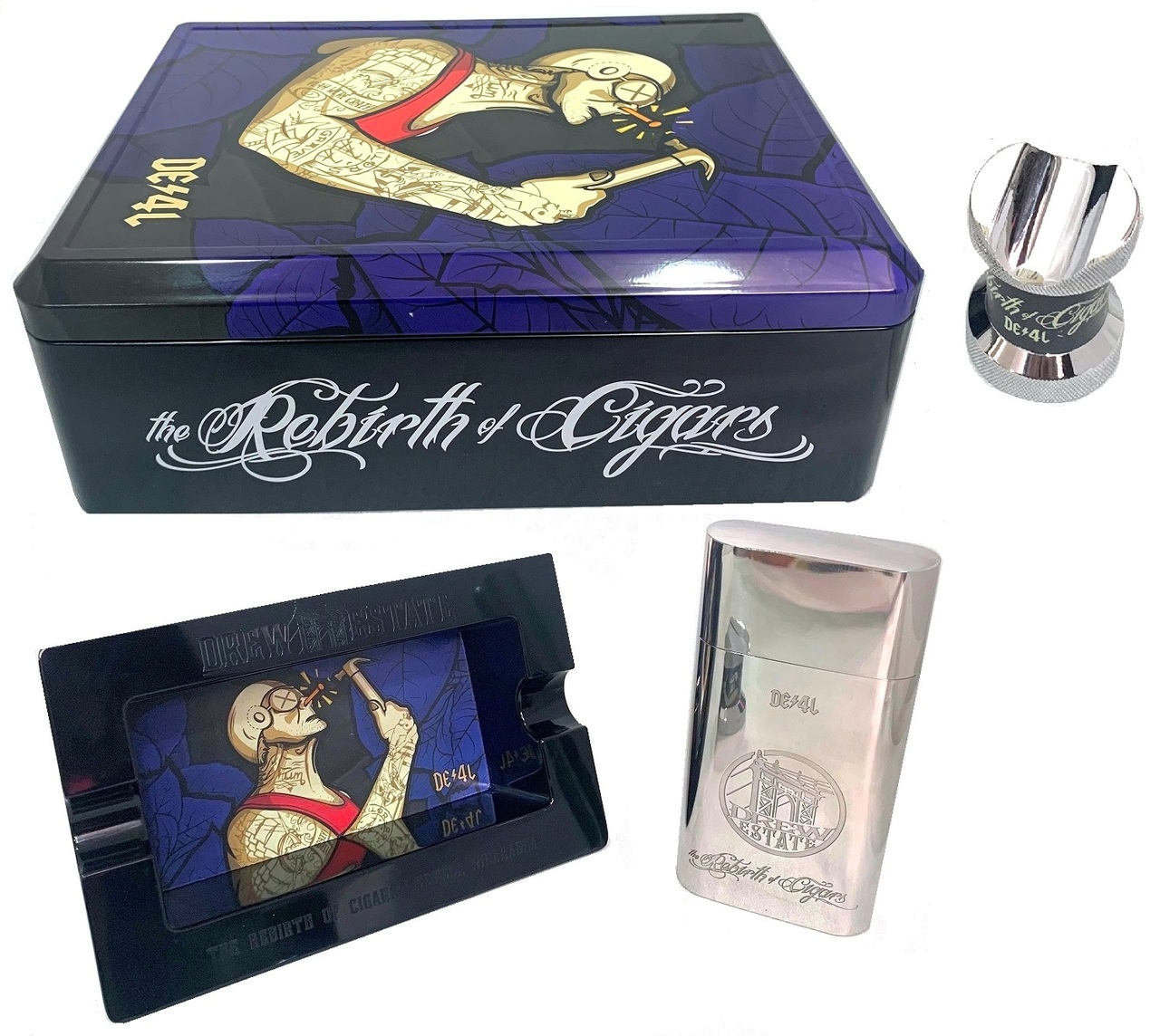 ACCESSORIES Drew Estate Nail Head Swag Kit: collectible. Contains melamine ashtray cigar rest, metal 3 cigar holder case