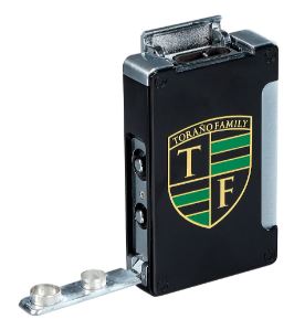 ACCESSORIES Featuring a sturdy black colored metal frame bearing the Torano Family logo and crest, a side-squeeze ignition firing up two powerful torch flames, and fold-out punches in 8mm and 10mm sizes, this lig