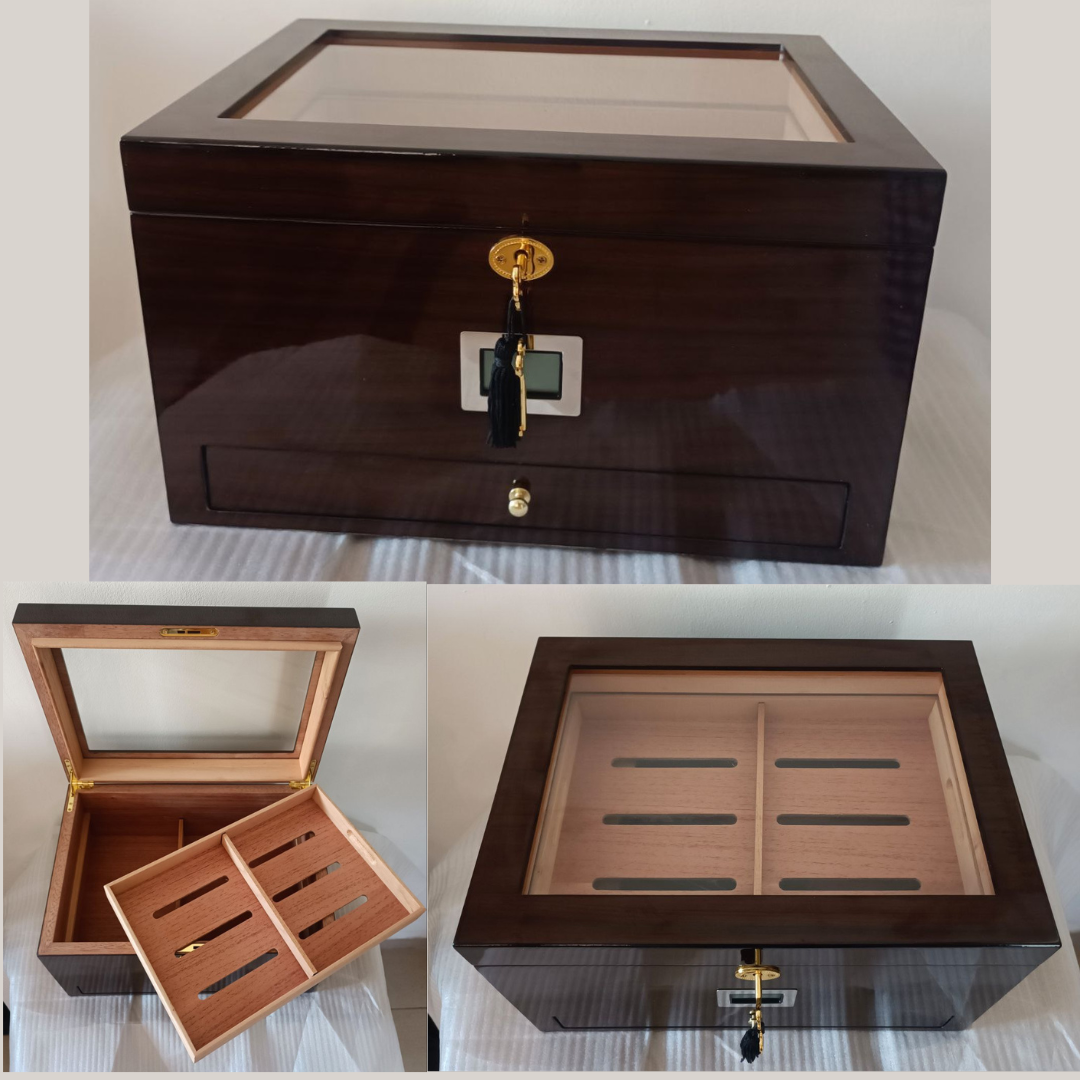 ACCESSORIES Humidor Wood . cedar interior 120ct humidor MATT finish glossy walnut finish with tray and drawer, size:345x245x200mm frame thickness: 15mm