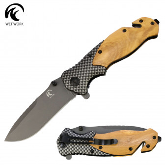 ACCESSORIES Wet Work AO Drop Point Folding Knife Straight edge, drop point 3Cr13 stainless steel blade. Faux Carbon/Wood handle. Flipper/thumbstud assisted opening. Liner lock. Pocket clip. Glass breaker. Strap c